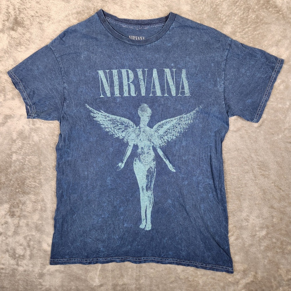 Nirvana‎ Graphic T-Shirt Mens Medium Blue Excellent Acid Wash In Utero Angel Tee